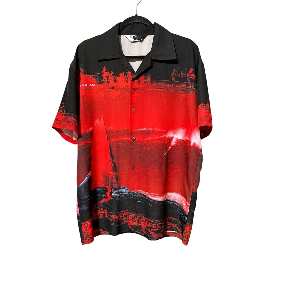 Aaron Chang Hawaiian Surf Shirt XL Button Front Red Black Made In USA